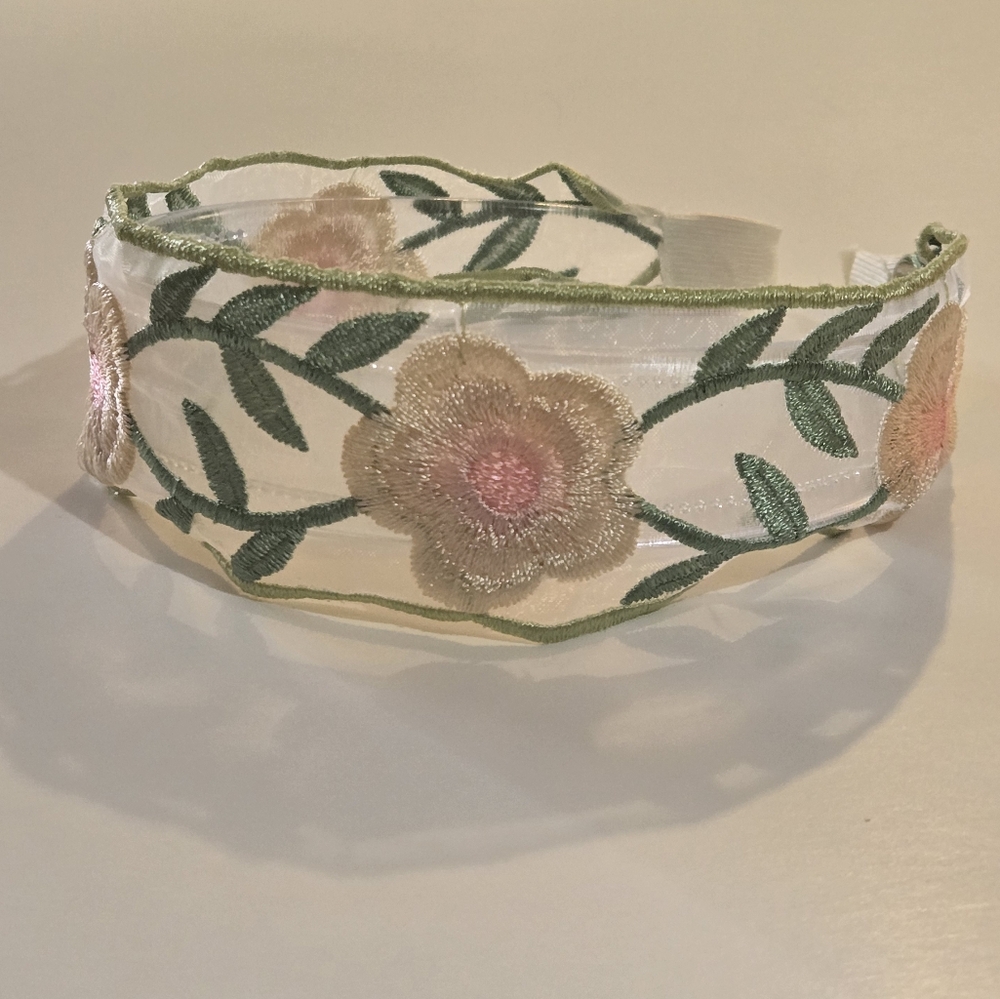 Floral Embroidered Sheer Headband - Pink, Cream & Green